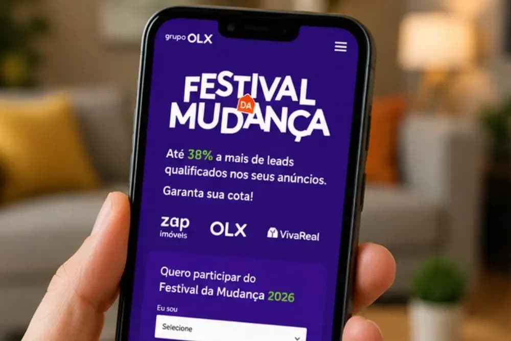 Mão segurando um celular exibindo anúncio de casa em um aplicativo imobiliário, destacando os benefícios de feirão de imóveis no ambiente mobile do Grupo OLX.