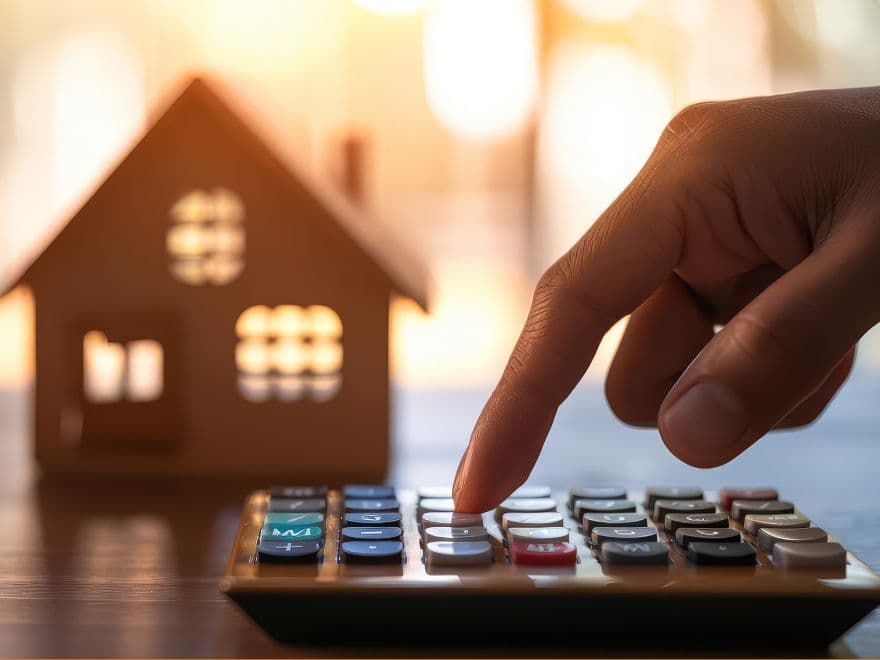 uma calculadora em uma mesa uma casinha de fundo e um homem calculando