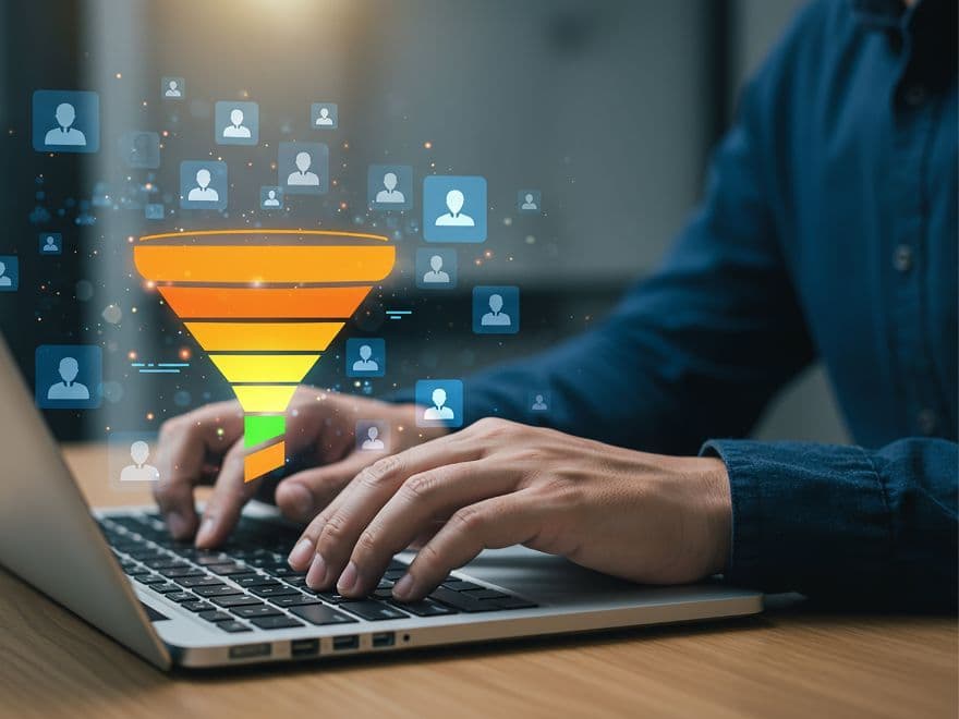 Profissional digitando em laptop com holograma de funil de vendas e ícones de pessoas, destacando a importância da captação de leads para conversão. 7 de 7
