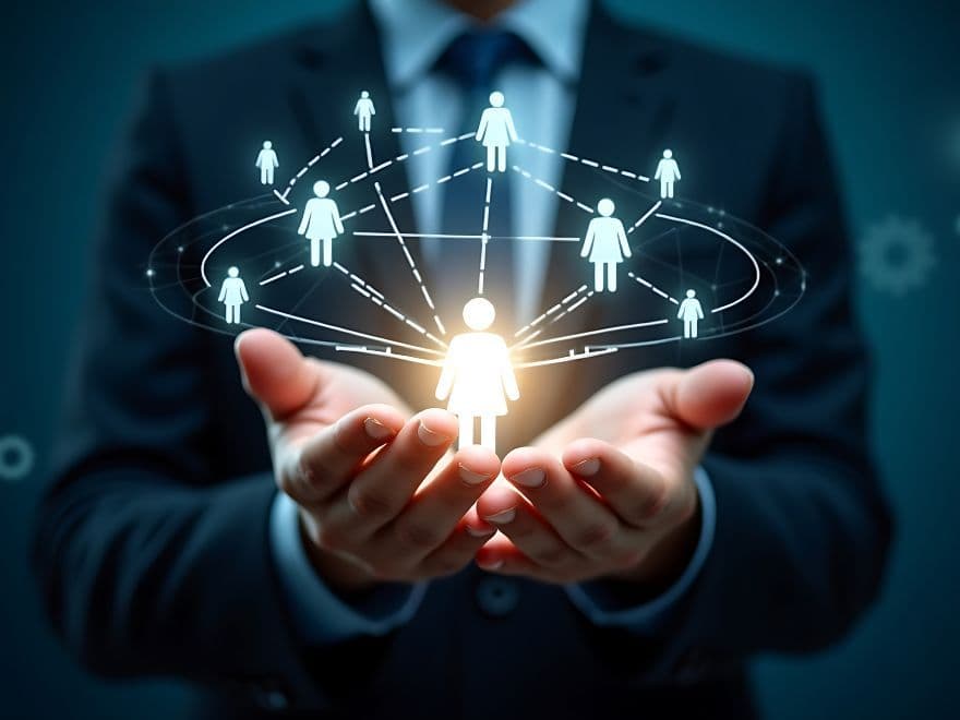 Homem de terno segurando holograma de rede de pessoas conectadas, representando estratégias de captação de leads e relacionamento no mercado digital.