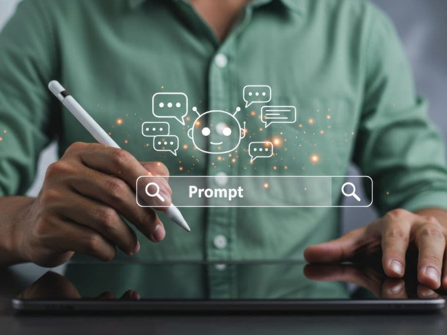 Pessoa utilizando caneta digital em um tablet para configurar prompts para anúncio de venda de imóveis através de uma interface de assistente virtual.