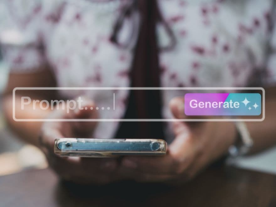 Tela de smartphone com botão "Generate" para processar prompts para anúncio de venda de imóveis de forma instantânea. 