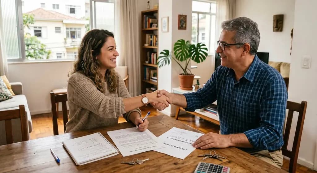 Proprietário e inquilina sorridentes apertando as mãos sobre uma mesa de madeira com contratos e chaves, simbolizando uma renegociação bem-sucedida do valor do aluguel.