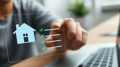 Close-up de uma mão interagindo com uma interface digital transparente que apresenta o ícone de uma casa e uma lista de verificação com itens marcados, simbolizando a organização de etapas no sistema financeiro de habitação.