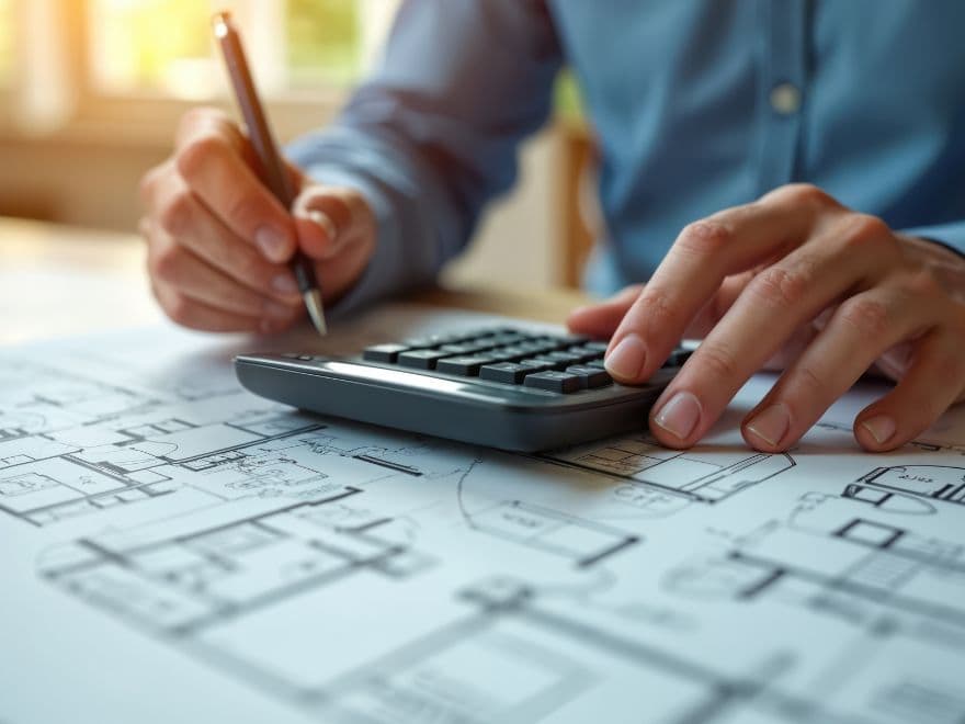 Visão detalhada das mãos de um profissional utilizando uma calculadora e caneta sobre plantas baixas de imóveis, representando o planejamento de custos e a análise de viabilidade para financiamento pelo sistema financeiro de habitação.
