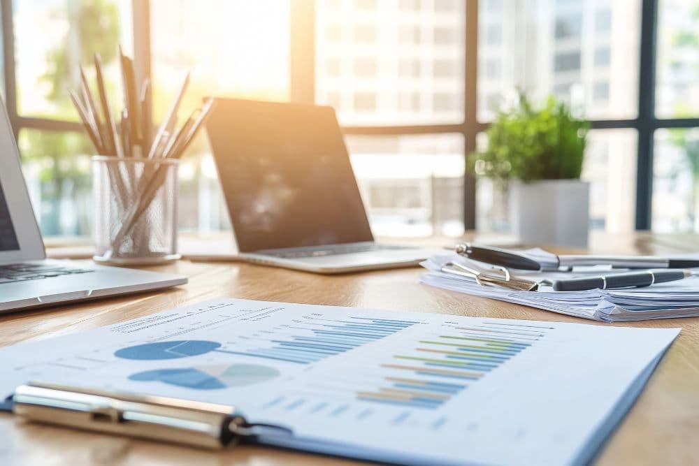 Escritório moderno com relatórios e planilhas sobre a mesa, representando a organização documental necessária para entender o que é e como estruturar uma SCP.