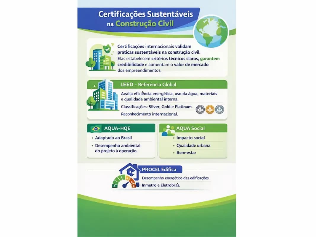 Infográfico mostrando as principais certificações em sustentabilidade na construção civil.