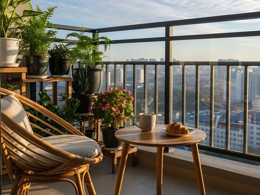 Varanda gourmet decorada de uma tipologia de apartamentos com mesa de café da manhã e vista para a cidade ao pôr do sol.