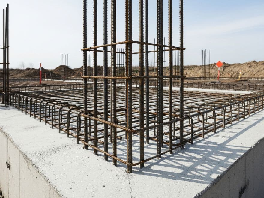 Detalhe de armadura de pilar e fundação feita com vergalhões de aço nervurado.