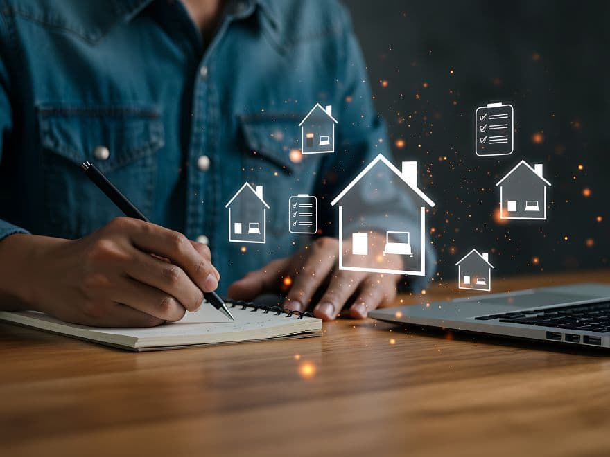 Close das mãos de um perito realizando uma avaliação de imóveis, escrevendo em um caderno enquanto utiliza um notebook. Ao fundo, ícones flutuantes representam diferentes tipologias de casas e checklists técnicos.